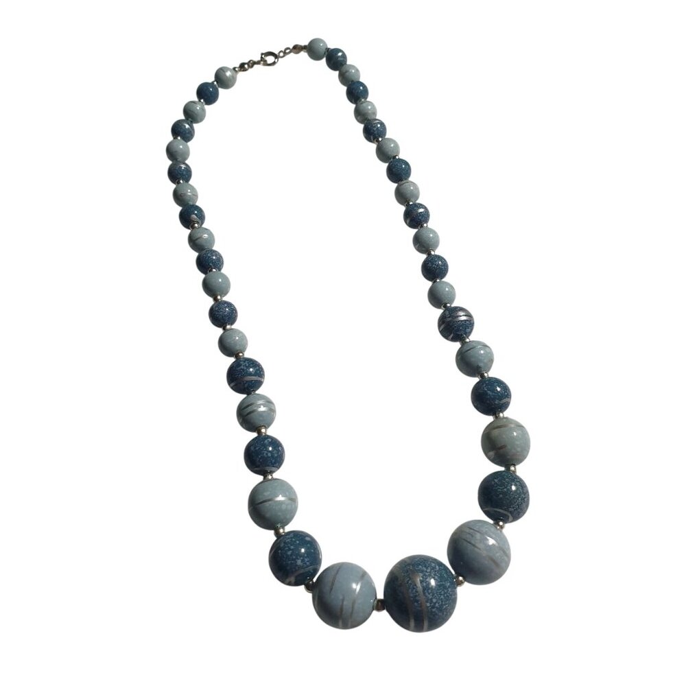 Vintage Hand Painted Blue Bead Necklace 16 Inch Length Hook Closure Gift Neutral